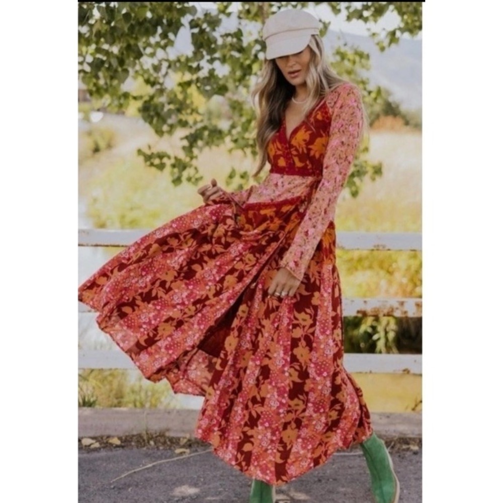 Free People Bohemian Retro 70s Gypsy Fall Floral Tilda Maxi Dress NEW - Picture 4 of 13